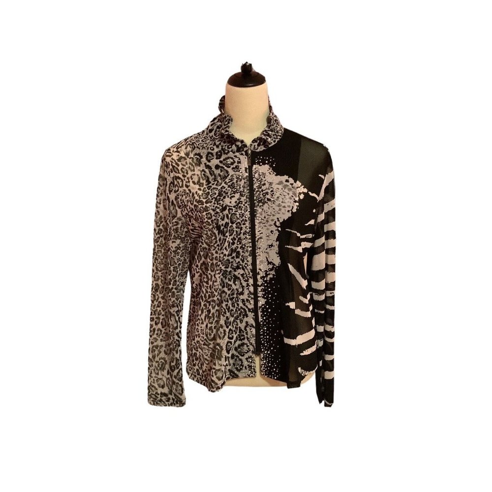 Damme, Inc L Blouse Top Sheer Animal Print Zips Bling Stretch Ruffled Collar